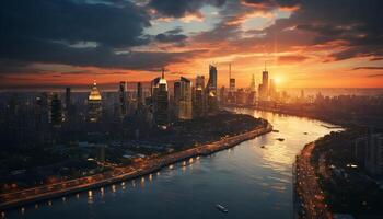 AI generated Urban skyline illuminated by sunset, reflecting on waterfront, modern cityscape generated by AI photo