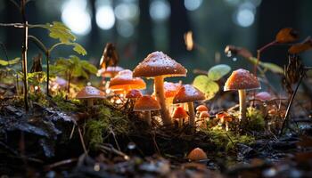 AI generated Freshness of autumn  Close up of edible mushroom in uncultivated forest generated by AI photo