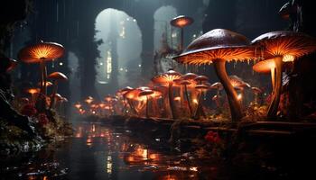 AI generated Autumn night  dark forest, wet leaf, mysterious toadstool, animal reflection generated by AI photo