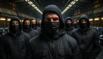 AI generated Group of people wearing masks, protecting city from terrorism generated by AI photo