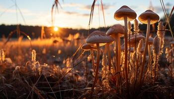 AI generated Autumn meadow, close up of yellow fungus, nature colorful beauty generated by AI photo