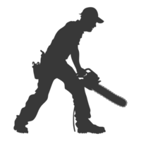 AI generated Silhouette carpenter with chainsaw in action black color only full body png