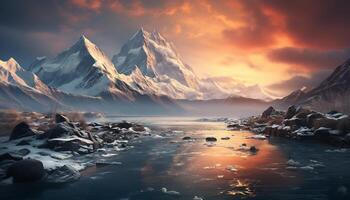AI generated Majestic mountain peak reflects tranquil sunset on icy water generated by AI photo