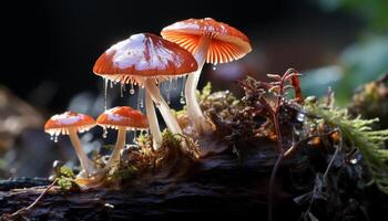 AI generated Freshness of autumn, fly agaric mushroom grows on uncultivated forest generated by AI photo
