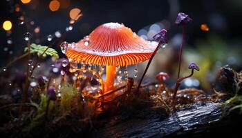AI generated Freshness of autumn growth in uncultivated forest, close up of toadstool generated by AI photo
