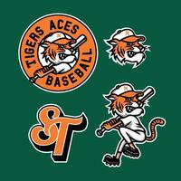 Tiger Mascot Object Baseball Club Sport Set in Vintage Hand Drawn Design vector