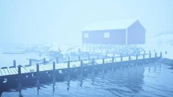 snötäckt docka med röd byggnad i de bakgrund video