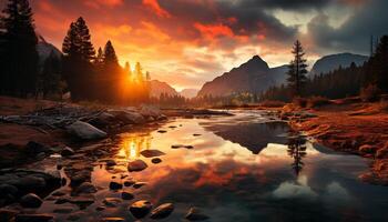 AI generated Majestic mountain peak reflects tranquil sunset on water generated by AI photo