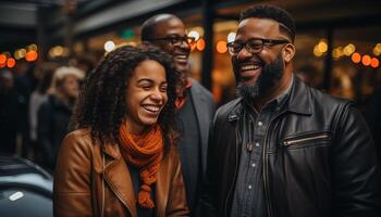 ai generado joven adultos sonriente, abrazando, caminando en iluminado ciudad a noche generado por ai foto