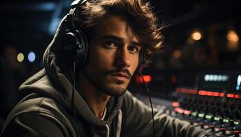 AI generated Young adult man listening to music with headphones at a nightclub generated by AI photo
