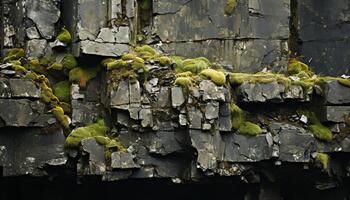 AI generated Old, weathered stone wall in the forest, covered in green moss generated by AI photo