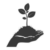 AI generated Silhouette Hand holding soil with growing sprout black color only earth day celebration png