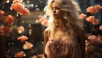 AI generated One beautiful woman, outdoors, smiling, enjoying nature beauty generated by AI photo