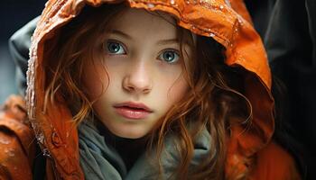 ai generado un linda joven mujer sonriente, mirando a cámara en el lluvia generado por ai foto