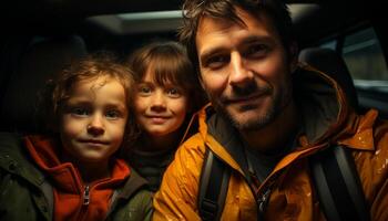 ai generado sonriente padre y hijo disfrutando al aire libre aventuras en otoño bosque generado por ai foto