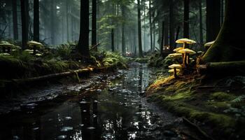 AI generated Tranquil autumn forest, wet leaves, mysterious fog, tranquil scene generated by AI photo