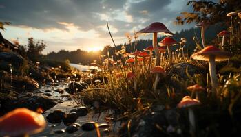 AI generated Autumn forest  yellow leaves, orange toadstools, wet grass, fresh air generated by AI photo