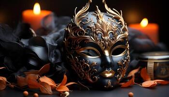 AI generated Halloween celebration  mask, candle, costume, spooky, party, dark night generated by AI photo