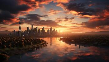 AI generated Urban skyline reflects in water, creating a beautiful sunset silhouette generated by AI photo