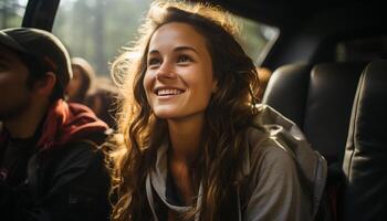 ai generado joven adultos disfrutando un la carretera viaje, sonriente y teniendo divertido generado por ai foto