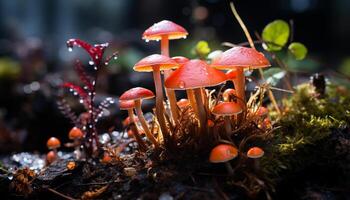 AI generated Freshness of autumn growth in uncultivated forest, close up of toadstool generated by AI photo