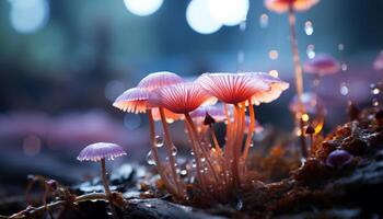 AI generated Autumn forest, wet leaf, colorful toadstool, small flower head generated by AI photo