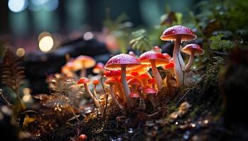 AI generated Freshness of autumn  Close up of multi colored fly agaric mushroom generated by AI photo