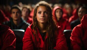 AI generated Young adults sitting in a movie theater, watching a performance generated by AI photo