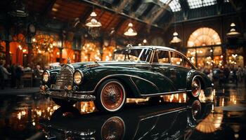 AI generated Old fashioned vintage car illuminated by headlight in the dark city generated by AI photo