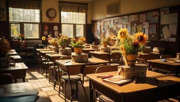 ai generado moderno salón de clases con estudiantes estudiando, rodeado por libros y naturaleza generado por ai foto