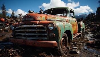 AI generated Old rusty car abandoned in muddy junkyard, nature forgotten treasure generated by AI photo