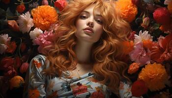 AI generated A beautiful young woman with long blond hair and a cute smile, surrounded by nature freshness and the beauty of autumn leaves generated by AI photo