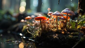 AI generated Freshness of autumn growth in uncultivated forest, close up of toadstool generated by AI photo