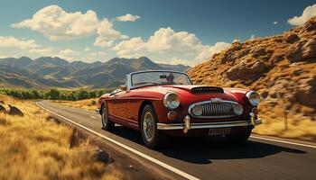 AI generated Vintage convertible sports car driving through the rural mountains generated by AI photo