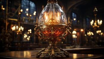 ai generado interior celebracion de espiritualidad iluminado mesa, vela, vaso, antiguo pasado de moda candelabro generado por ai foto