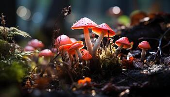 AI generated Freshness of autumn growth in uncultivated forest, fly agaric mushroom generated by AI photo