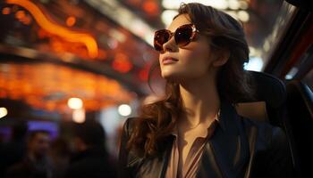 AI generated Young woman in sunglasses, confident and fashionable, enjoying city nightlife generated by AI photo