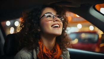 ai generado joven mujer conducción auto, sonriente, disfrutando la carretera viaje con felicidad generado por ai foto