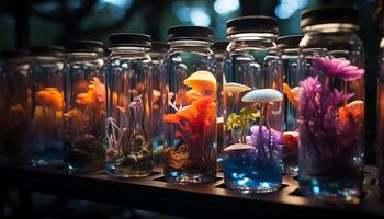 AI generated Fresh fish in a glass jar, underwater nature gourmet collection generated by AI photo