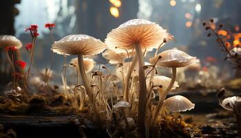 AI generated Close up of a small toadstool in the autumn forest generated by AI photo