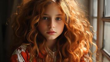 AI generated One beautiful woman with long curly hair looking at camera generated by AI photo