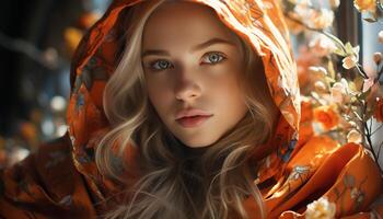 AI generated Beautiful woman with long blond hair looking at camera outdoors generated by AI photo