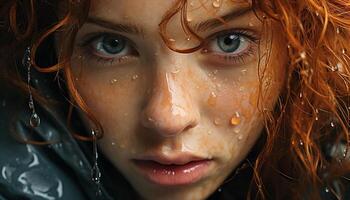 AI generated Cute girl with curly brown hair smiles in the rain generated by AI photo