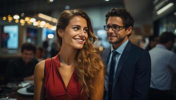 ai generado joven adultos sonriente, adentro, alegre, mirando a cámara, exitoso profesionales generado por ai foto