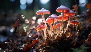 ai generado otoño hoja crecimiento en bosque piso, cerca arriba de baboso seta venenosa generado por ai foto