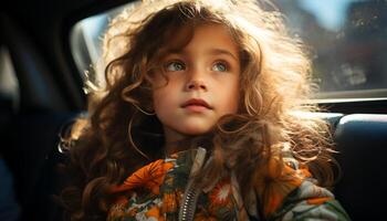 ai generado un linda niña sonriente, disfrutando verano, sentado dentro un coche generado por ai foto