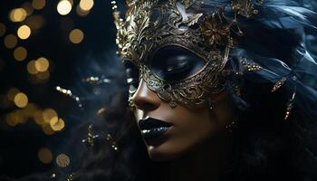 AI generated Young woman in gold mask exudes elegance and sensuality generated by AI photo