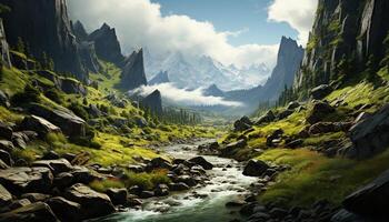 AI generated Majestic mountain peak, tranquil meadow, flowing water, serene wilderness generated by AI photo