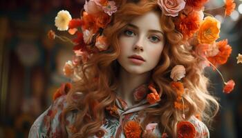 AI generated A beautiful young woman with curly hair smiles outdoors in autumn generated by AI photo