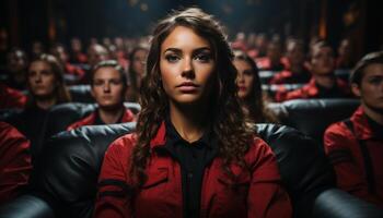 AI generated Young adults, men and women, sitting in movie theater seats generated by AI photo